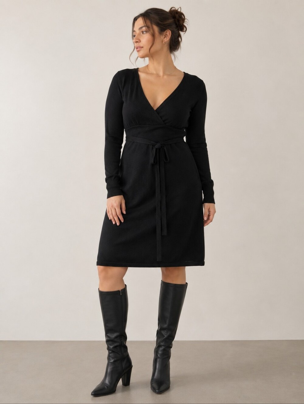 🖤👢✨ BCBG Max Azria Black Sweater Dress Wrap V-Neck Tie Waist Long Sleeve Med